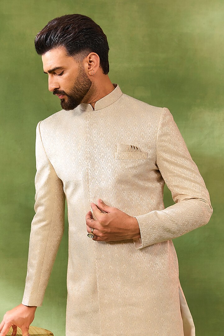 Cream Cotton Silk Embroidered Jacquard Wedding Sherwani Set by Spring Break Men at Pernia's Pop Up Shop