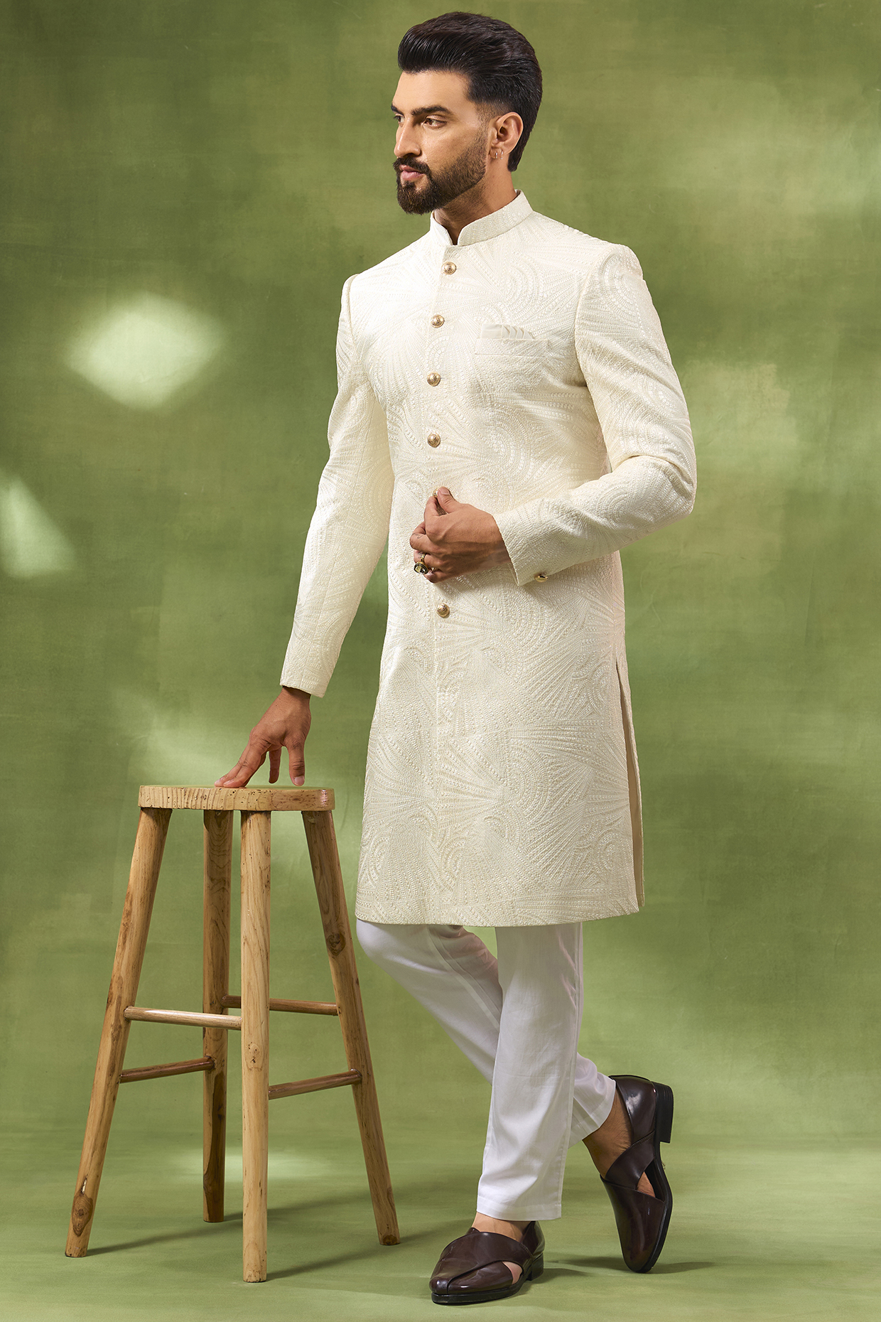 Ivory Blended Silk Embroidered Sherwani Set by Spring Break Men