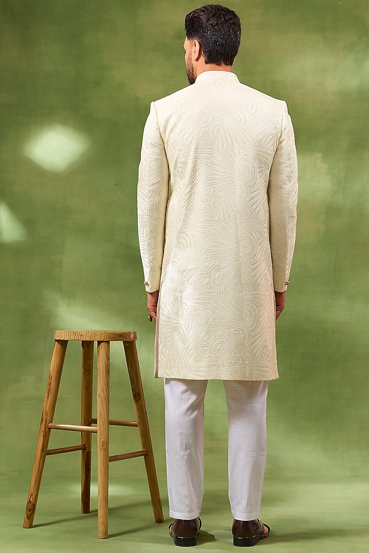 Ivory Blended Silk Embroidered Wedding Sherwani Set by Spring Break Men at Pernia's Pop Up Shop