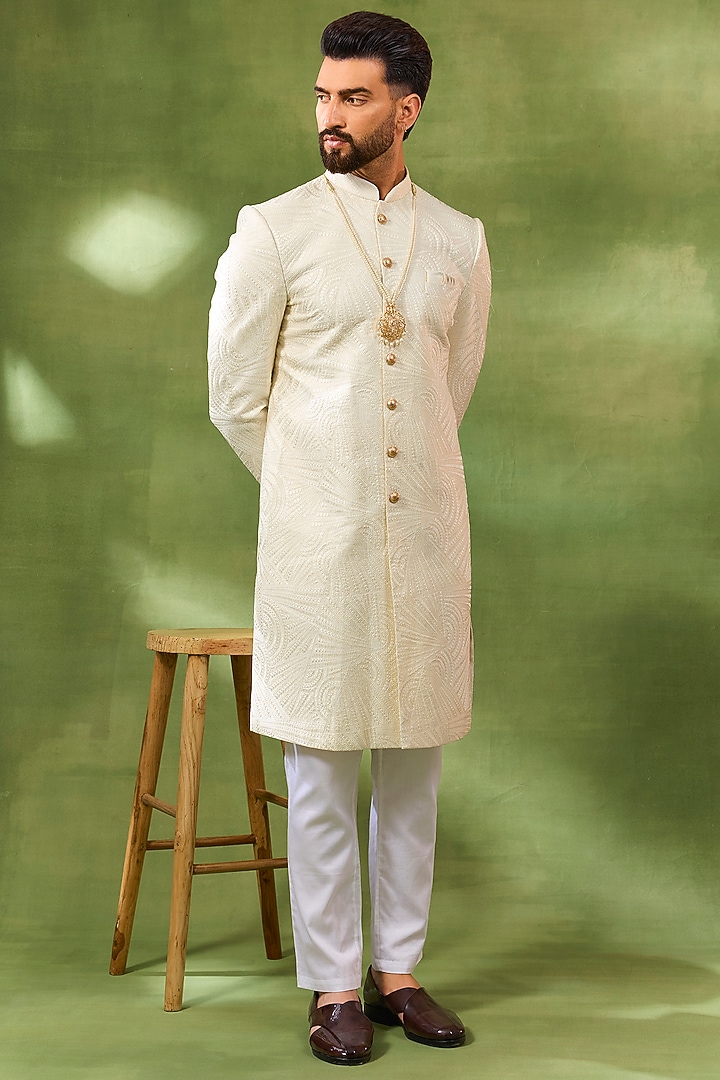 Ivory Blended Silk Embroidered Wedding Sherwani Set by Spring Break Men at Pernia's Pop Up Shop