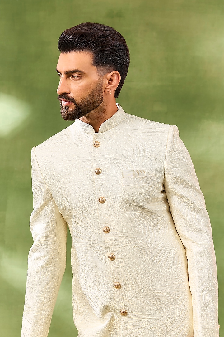 Ivory Blended Silk Embroidered Wedding Sherwani Set by Spring Break Men at Pernia's Pop Up Shop