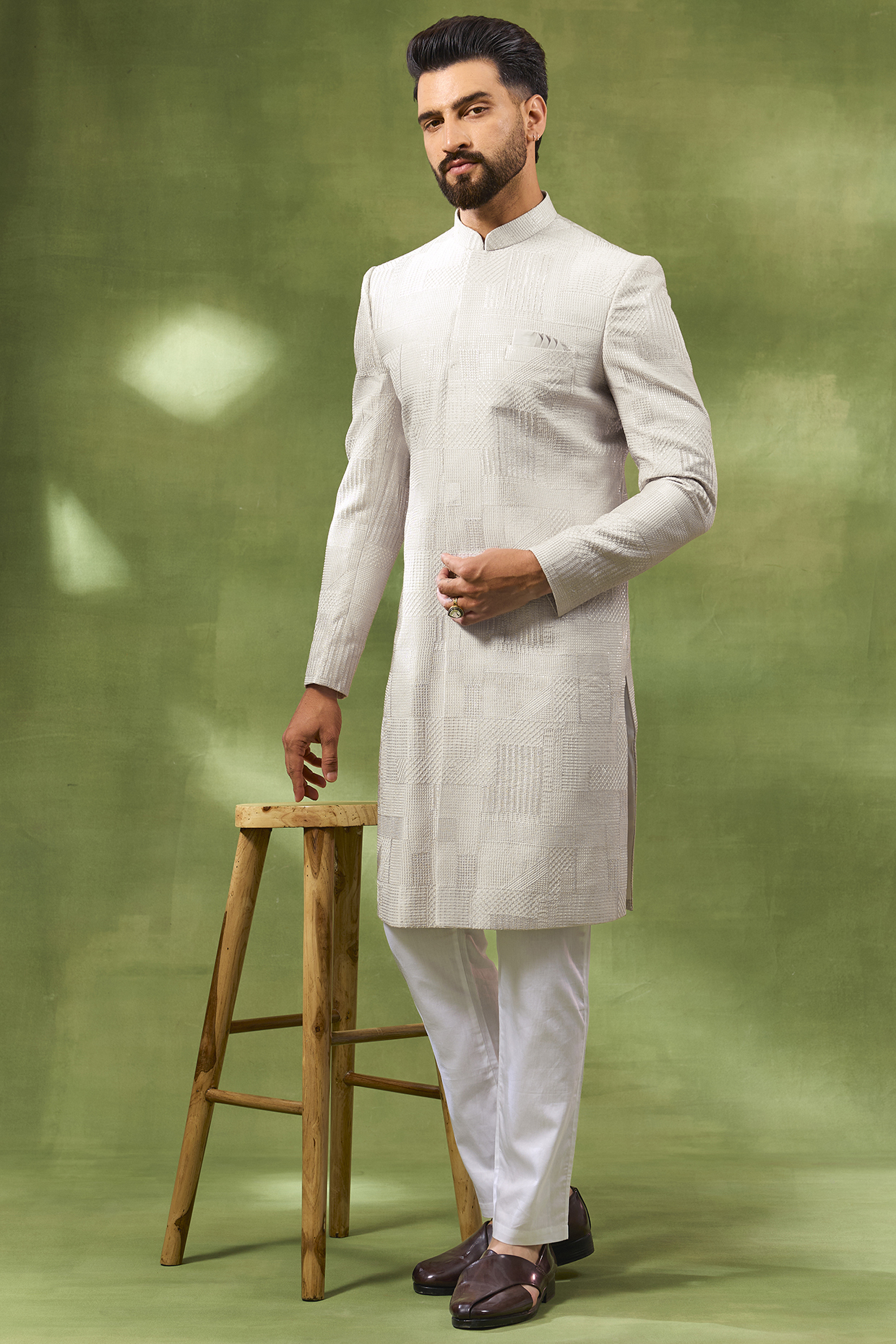 Beige Blended Silk Embroidered Sherwani Set by Spring Break Men