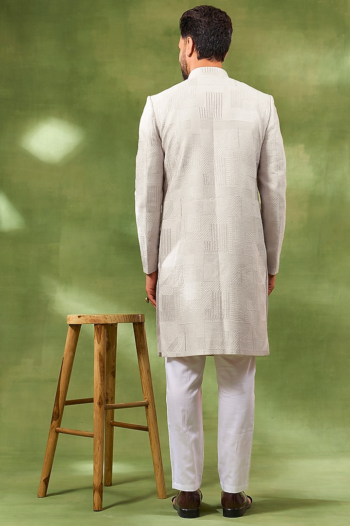 Beige Blended Silk Embroidered Wedding Sherwani Set by Spring Break Men at Pernia's Pop Up Shop