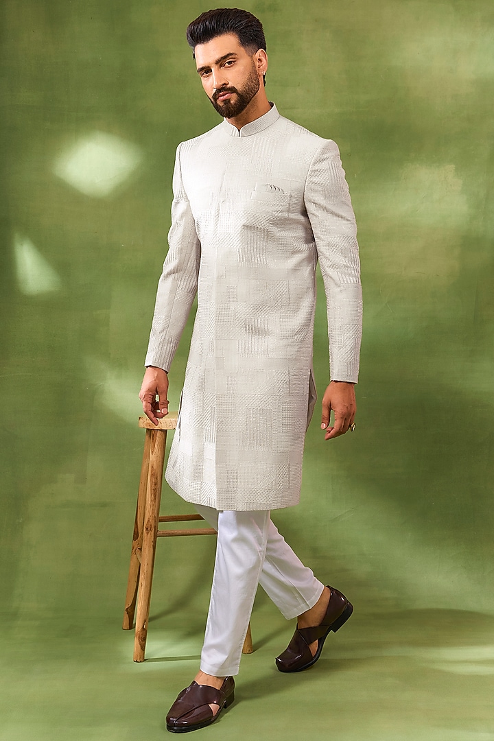Beige Blended Silk Embroidered Wedding Sherwani Set by Spring Break Men at Pernia's Pop Up Shop