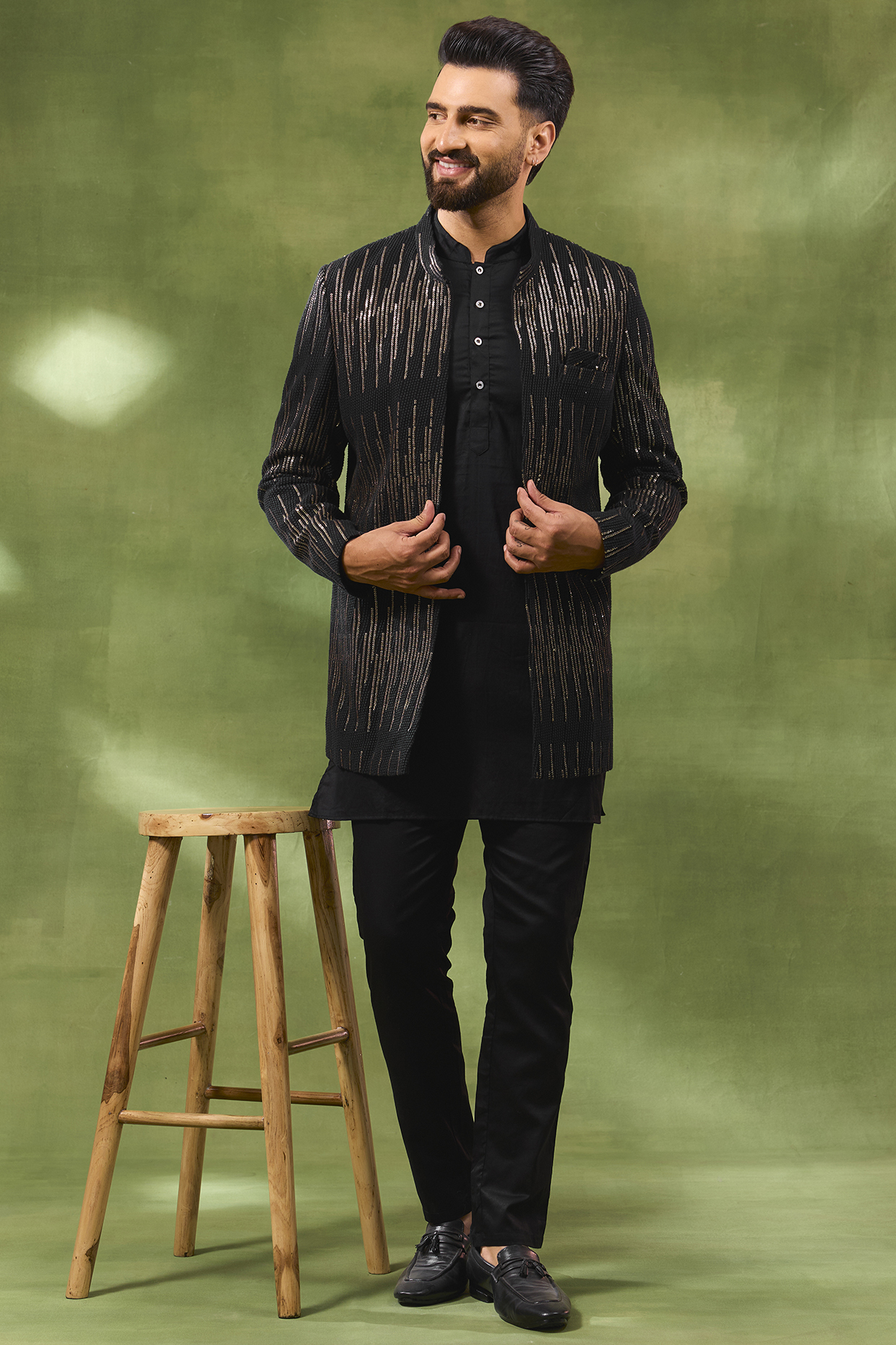 Black Viscose Sequins Embroidered Wedding Indowestern Set by Spring Break Men at Pernia's Pop Up Shop