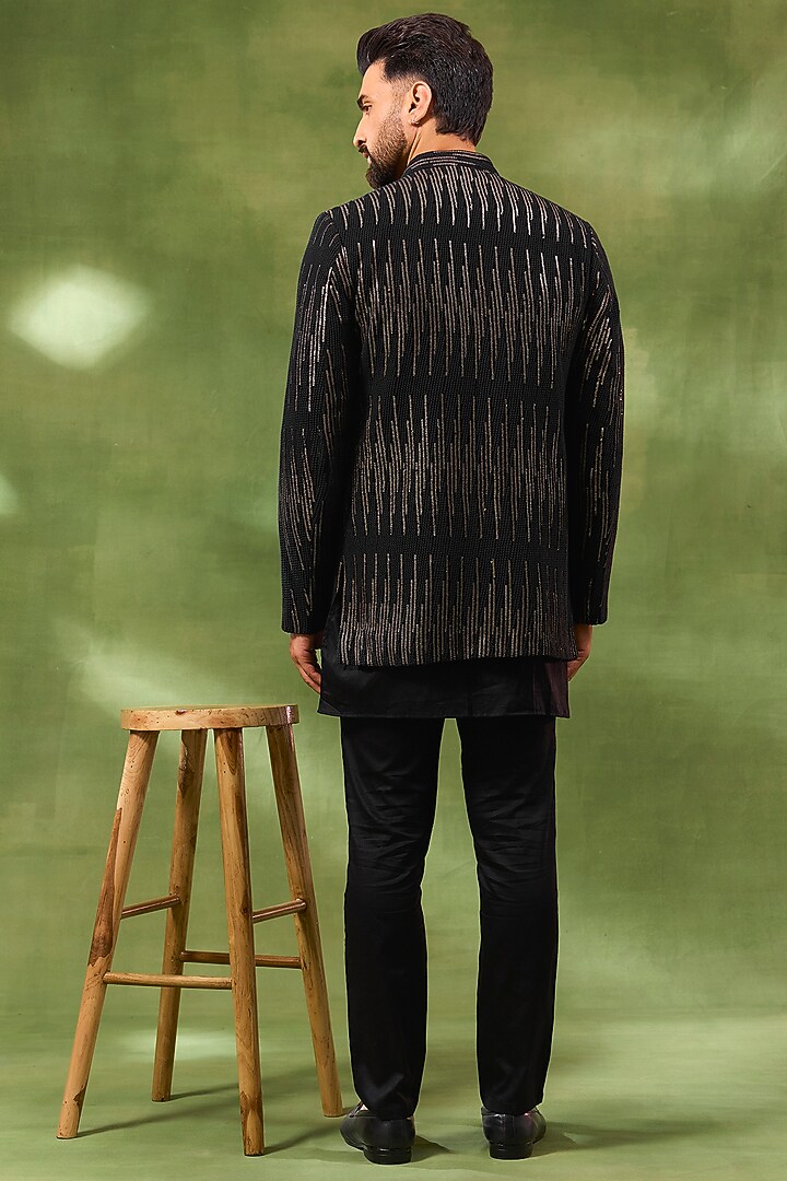 Black Viscose Sequins Embroidered Wedding Indowestern Set by Spring Break Men at Pernia's Pop Up Shop