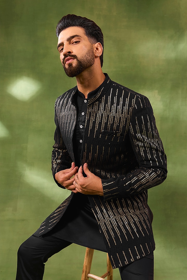 Black Viscose Sequins Embroidered Wedding Indowestern Set by Spring Break Men at Pernia's Pop Up Shop