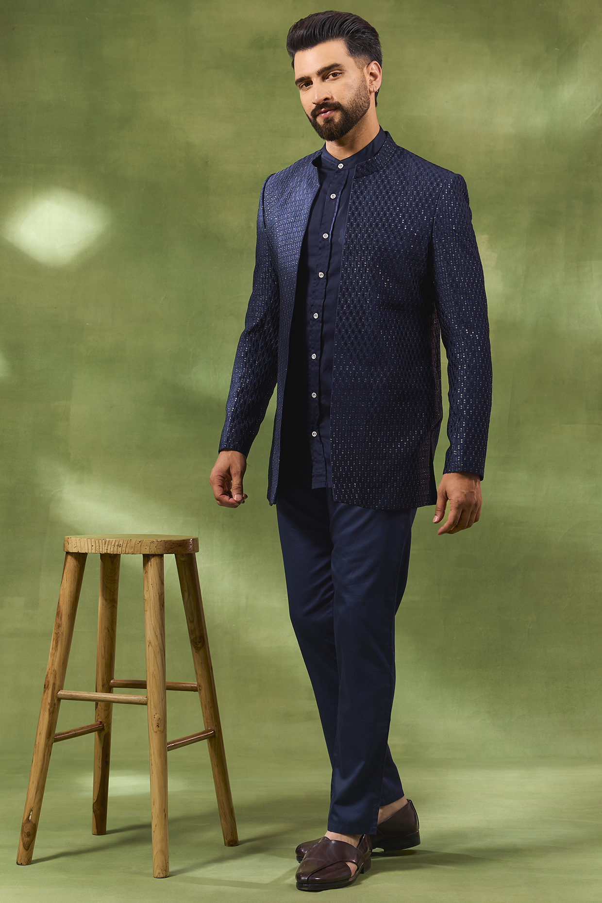 Blue Blended Silk Embroidered Wedding Indowestern Set by Spring Break Men at Pernia's Pop Up Shop