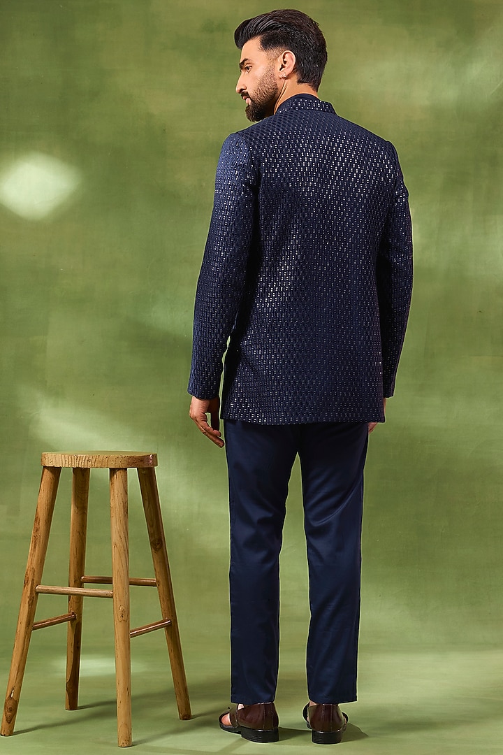 Blue Blended Silk Embroidered Wedding Indowestern Set by Spring Break Men at Pernia's Pop Up Shop