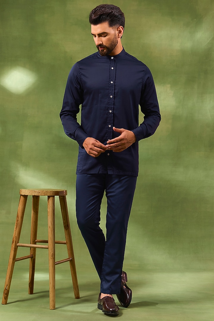 Blue Blended Silk Embroidered Wedding Indowestern Set by Spring Break Men at Pernia's Pop Up Shop