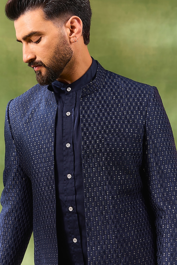 Blue Blended Silk Embroidered Wedding Indowestern Set by Spring Break Men at Pernia's Pop Up Shop