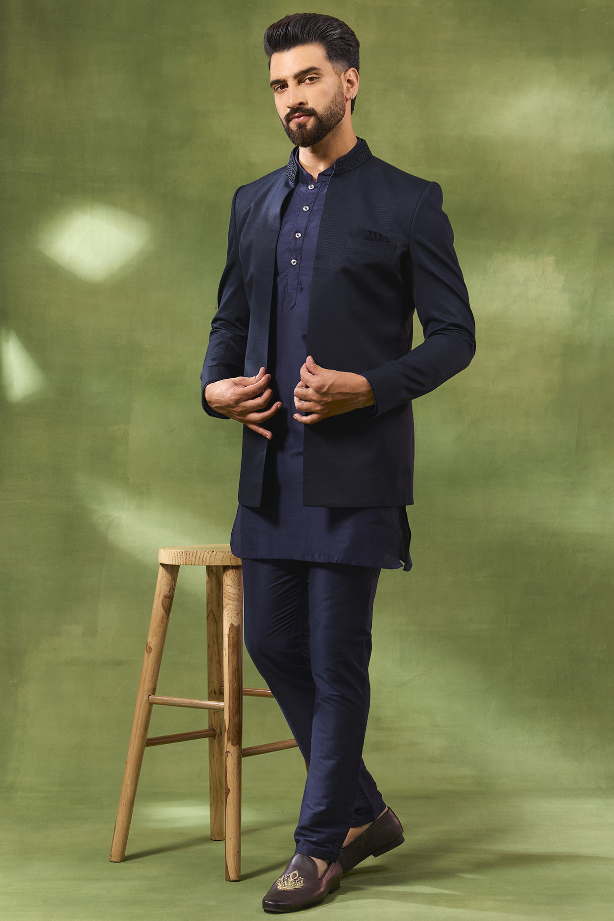 Navy Blue Cotton Silk Indowestern Set by Spring Break Men