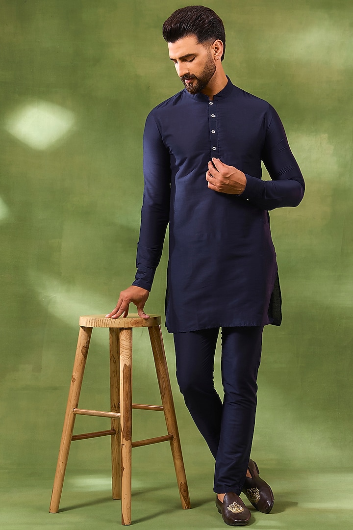 Navy Blue Cotton Silk Wedding Indowestern Set by Spring Break Men at Pernia's Pop Up Shop