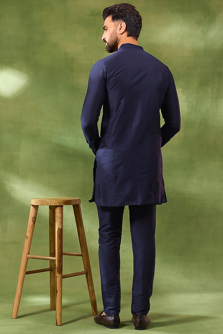 Navy Blue Cotton Silk Wedding Indowestern Set by Spring Break Men at Pernia's Pop Up Shop