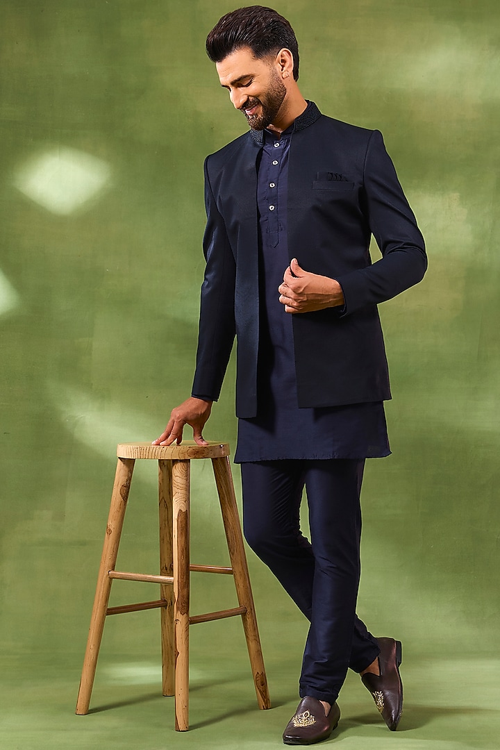Navy Blue Cotton Silk Wedding Indowestern Set by Spring Break Men at Pernia's Pop Up Shop