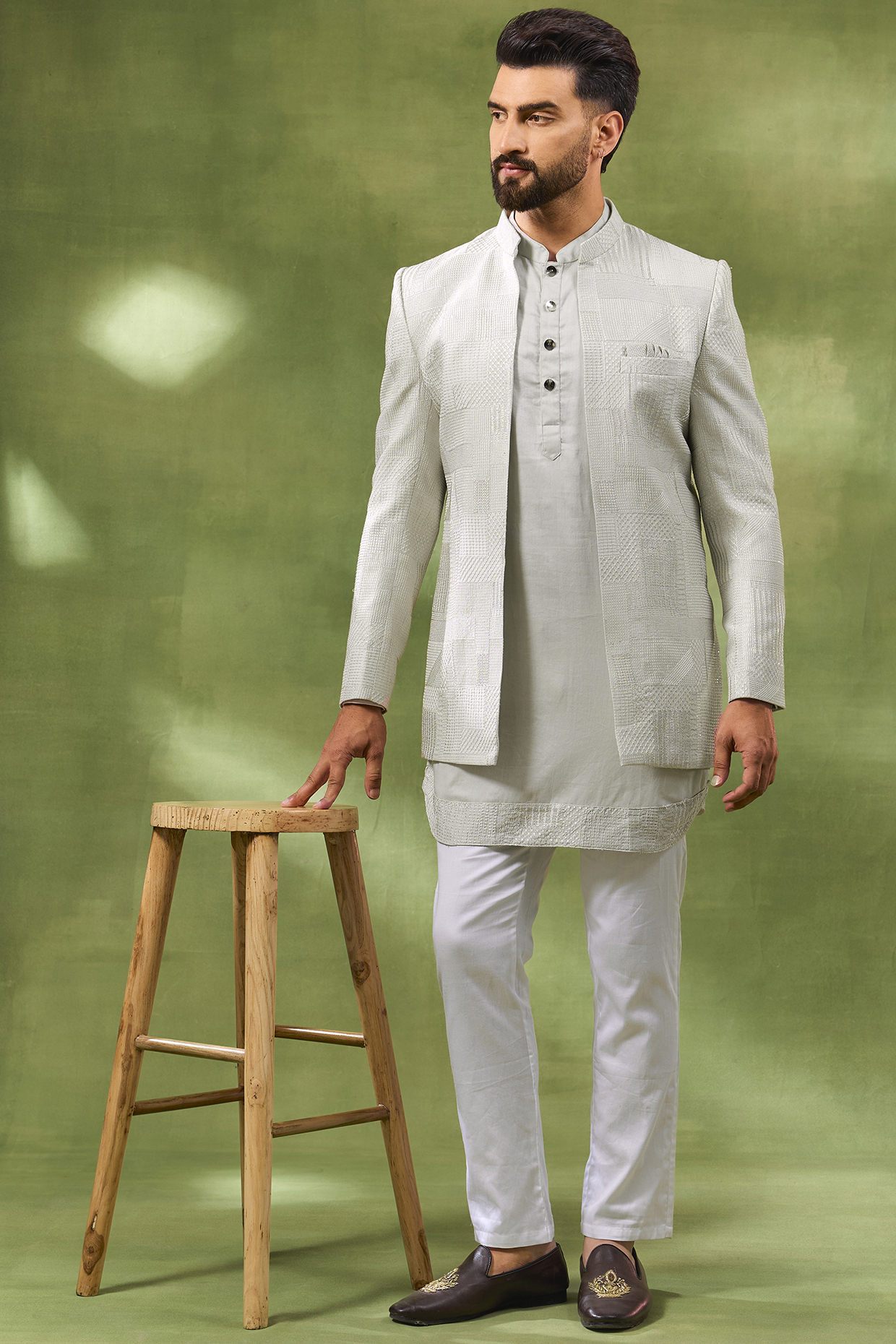 Cream Blended Silk Embroidered Indowestern Set by Spring Break Men