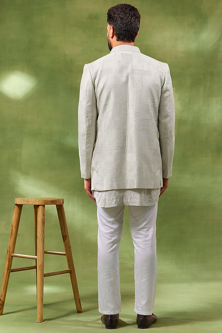 Cream Blended Silk Embroidered Wedding Indowestern Set by Spring Break Men at Pernia's Pop Up Shop
