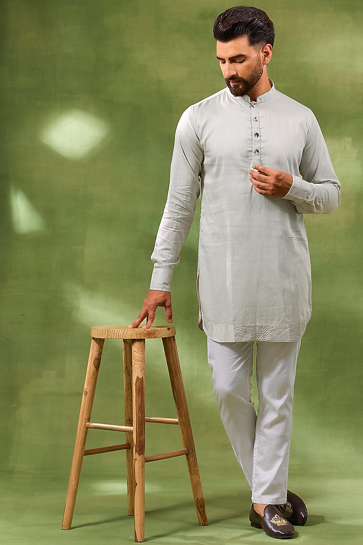 Cream Blended Silk Embroidered Wedding Indowestern Set by Spring Break Men at Pernia's Pop Up Shop