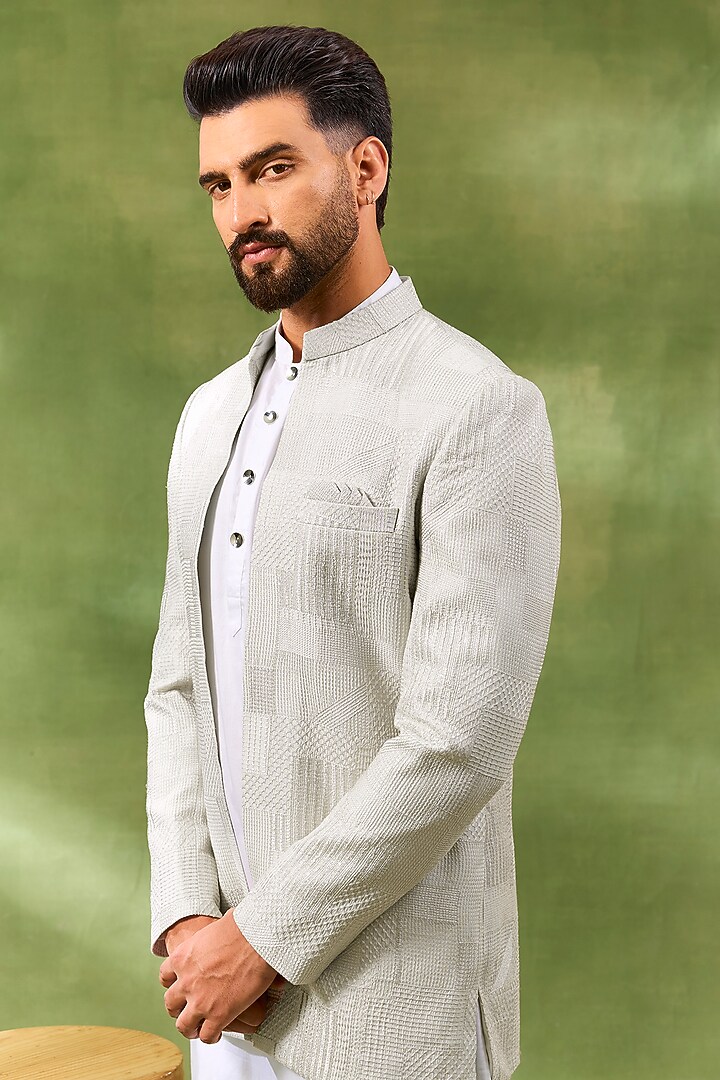 Cream Blended Silk Embroidered Wedding Indowestern Set by Spring Break Men at Pernia's Pop Up Shop
