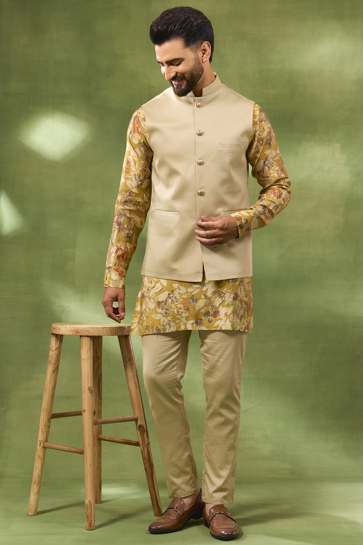 Beige Cotton Satin Bundi Jacket Set by Spring Break Men