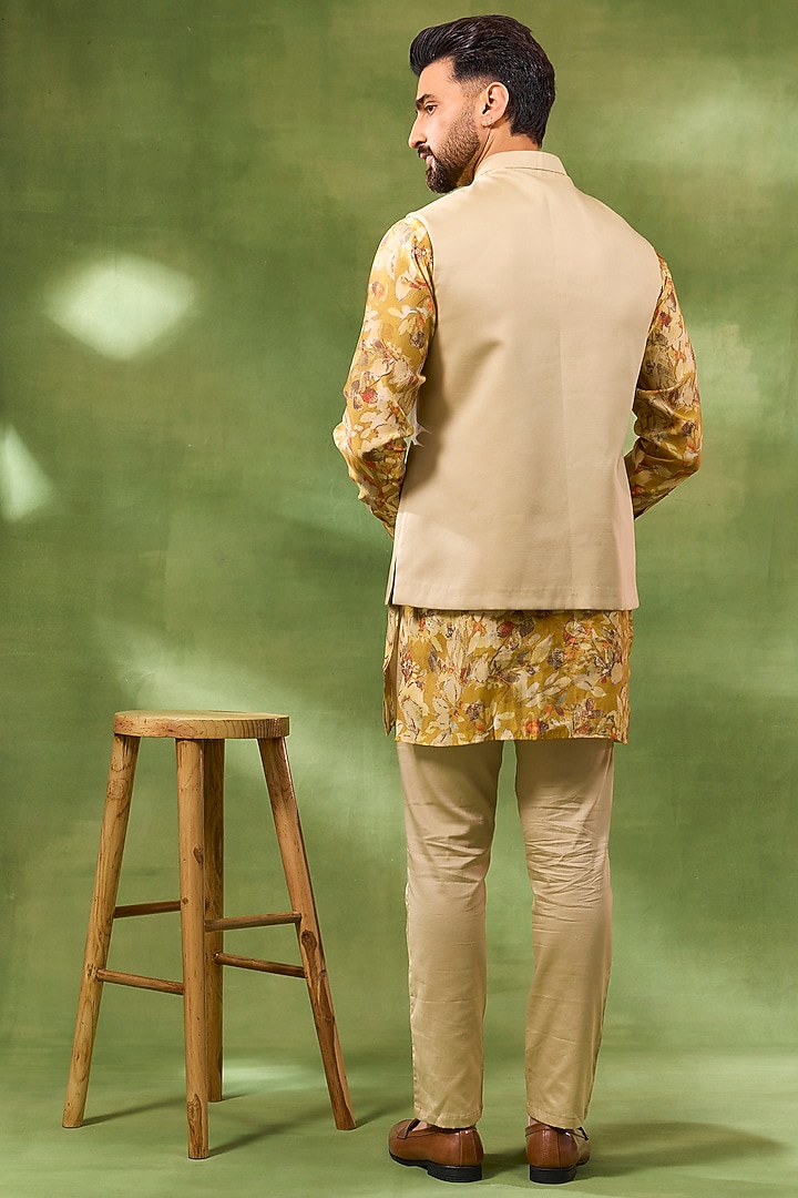 Beige Cotton Satin Bundi Jacket Set by Spring Break Men at Pernia's Pop Up Shop