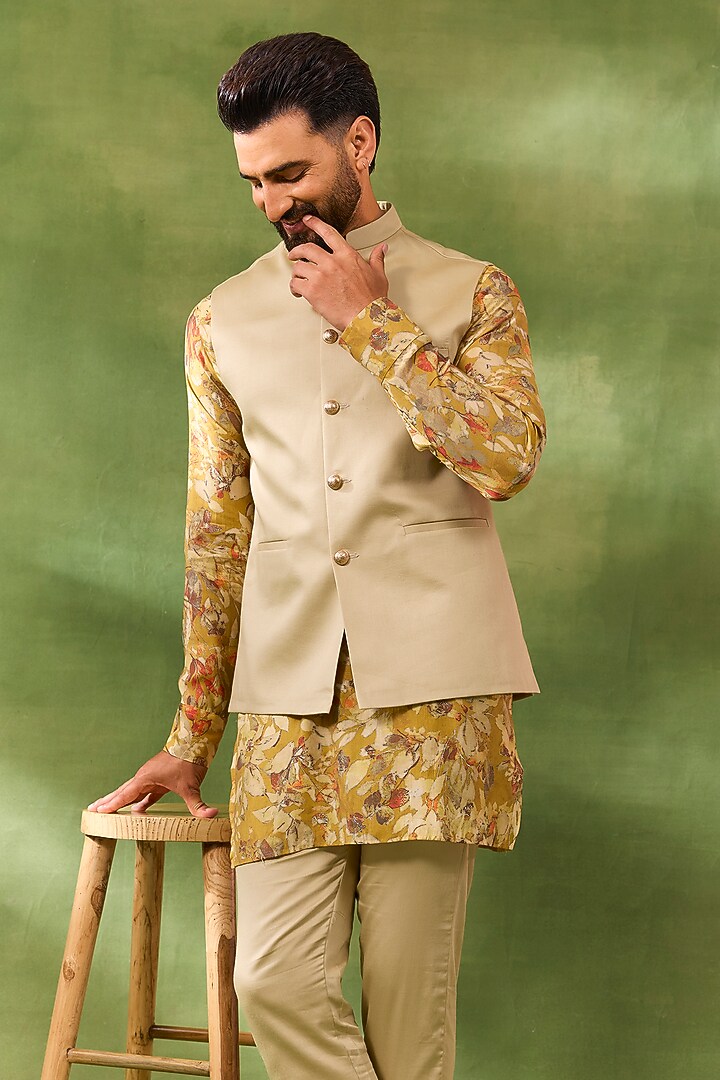 Beige Cotton Satin Bundi Jacket Set by Spring Break Men at Pernia's Pop Up Shop