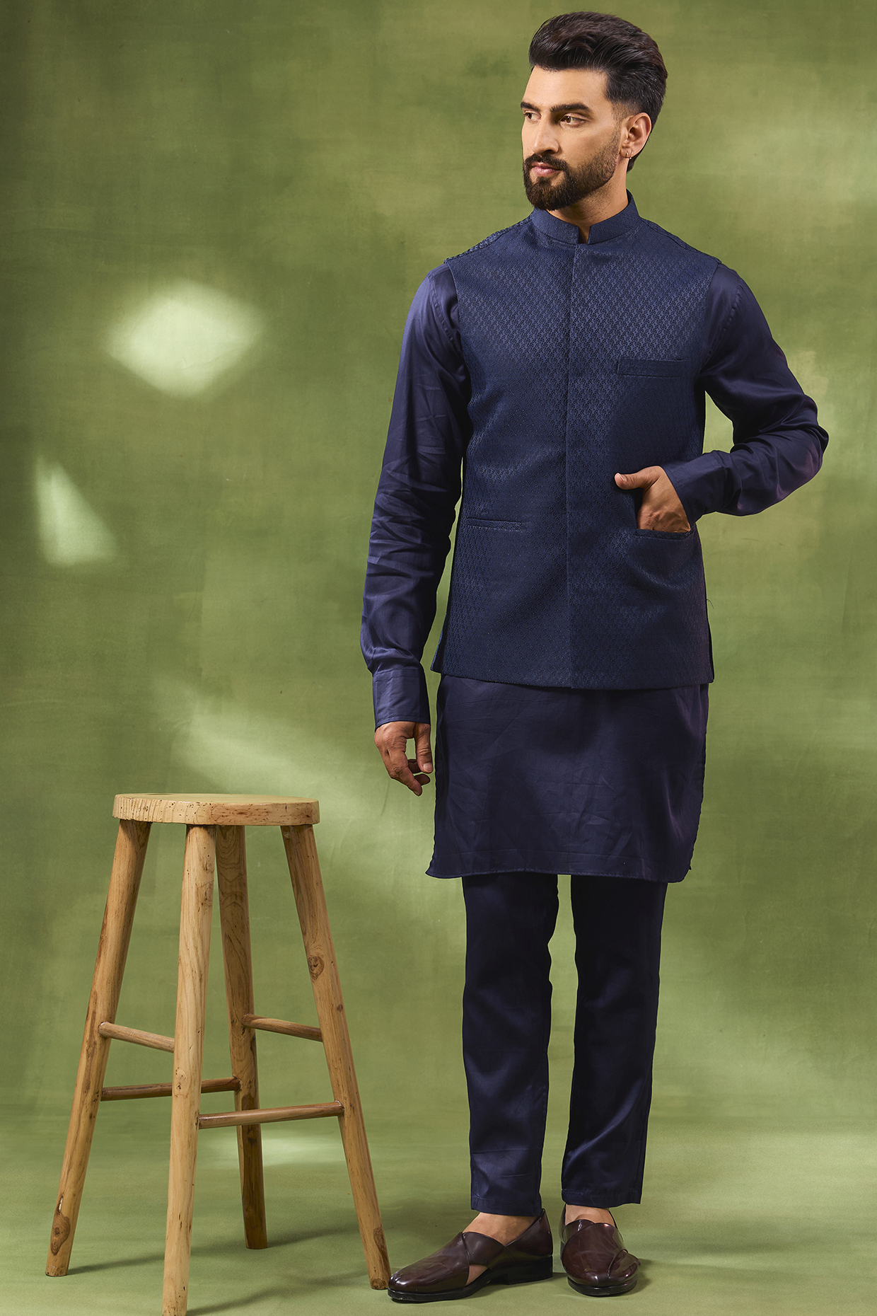 Navy Blue Cotton Silk Geometric Jacquard Bundi Jacket Set by Spring Break Men