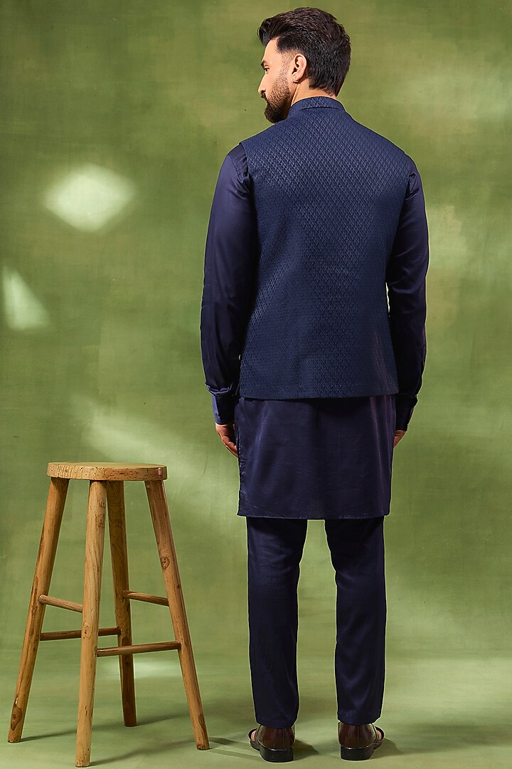 Navy Blue Cotton Silk Geometric Jacquard Bundi Jacket Set by Spring Break Men at Pernia's Pop Up Shop