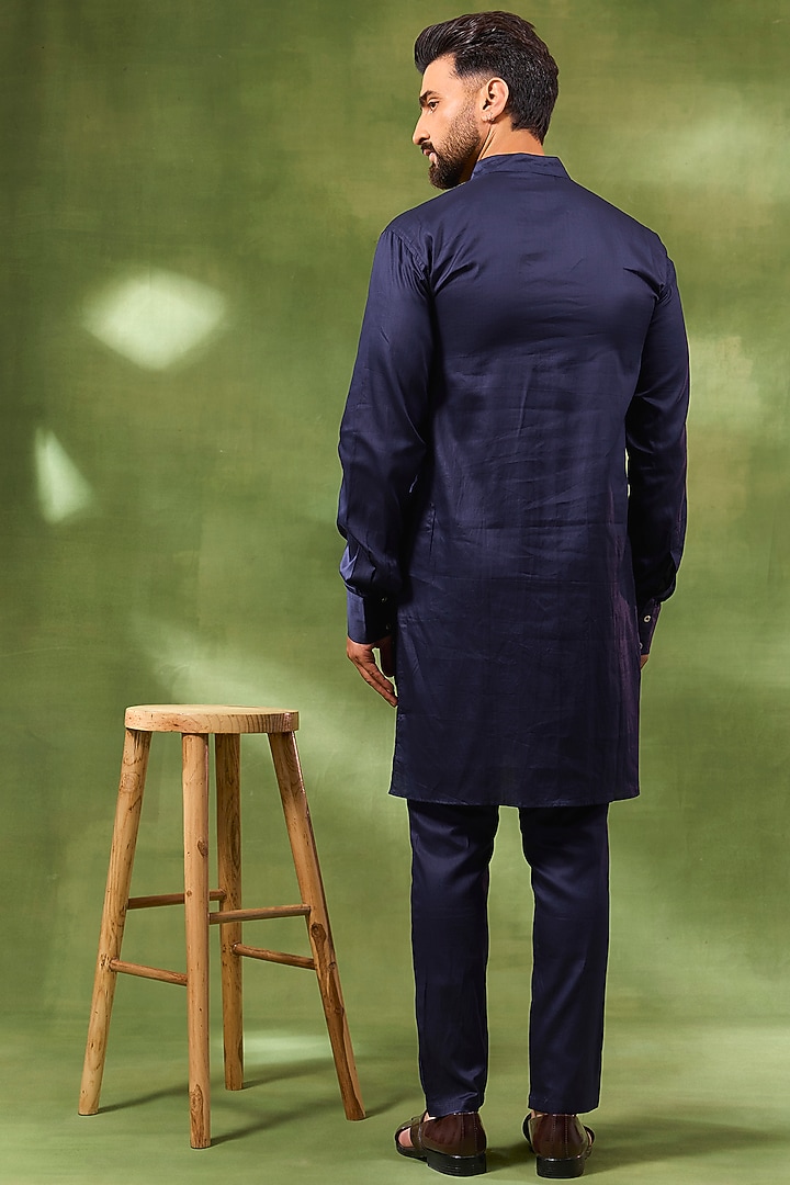 Navy Blue Cotton Silk Geometric Jacquard Bundi Jacket Set by Spring Break Men at Pernia's Pop Up Shop