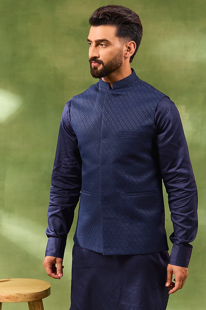 Navy Blue Cotton Silk Geometric Jacquard Bundi Jacket Set by Spring Break Men at Pernia's Pop Up Shop