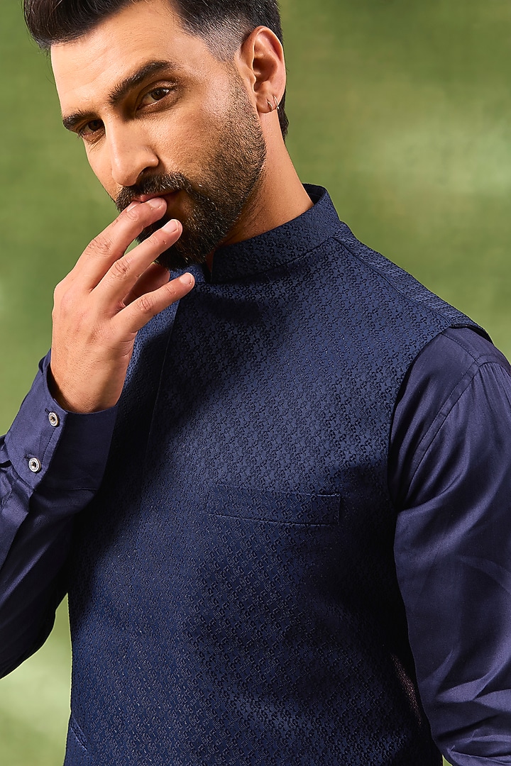 Navy Blue Cotton Silk Geometric Jacquard Bundi Jacket Set by Spring Break Men at Pernia's Pop Up Shop