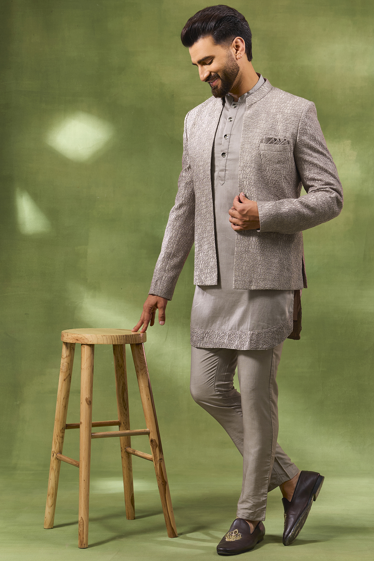 Dull Pink Blended Silk Embroidered Open Indowestern Set by Spring Break Men