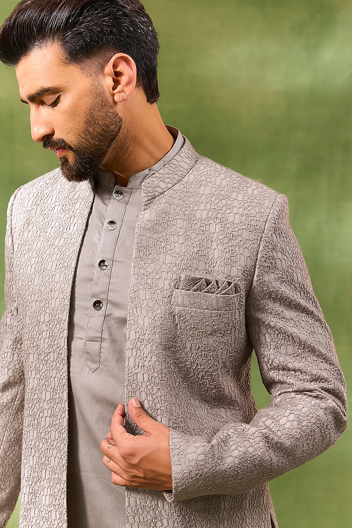 Dull Pink Blended Silk Embroidered Open Wedding Indowestern Set by Spring Break Men at Pernia's Pop Up Shop