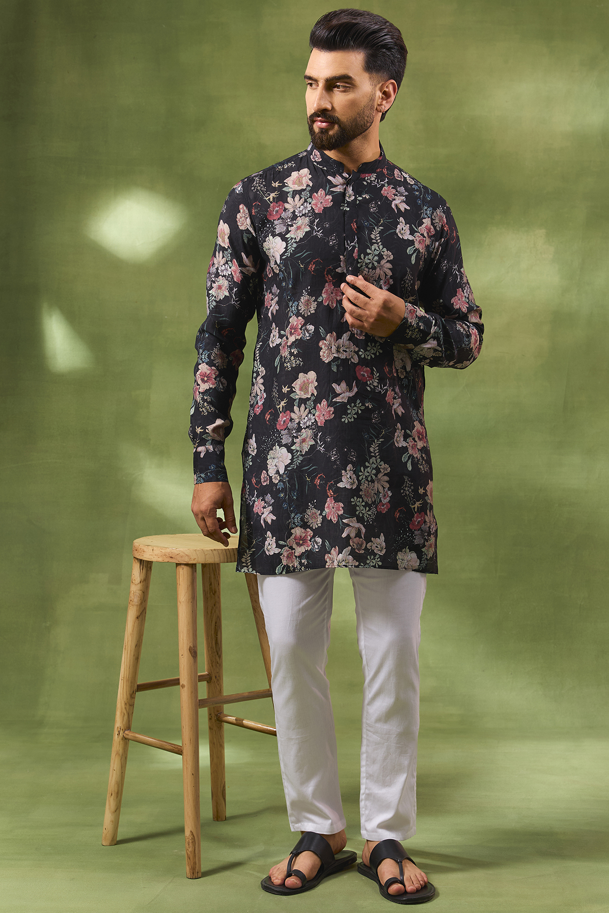 Black Blended Silk Floral Digital Printed Kurta Set by Spring Break Men