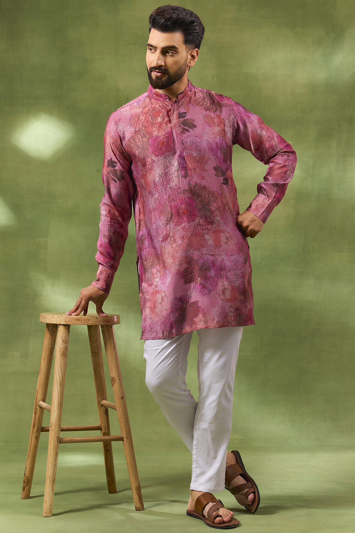 Pink Blended Silk Floral Digital Printed Kurta Set by Spring Break Men