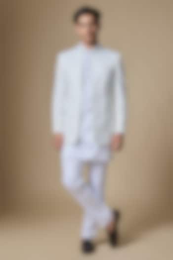 White Dupion Silk Embroidered Open Wedding Indowestern Set by Spring Break Men at Pernia's Pop Up Shop