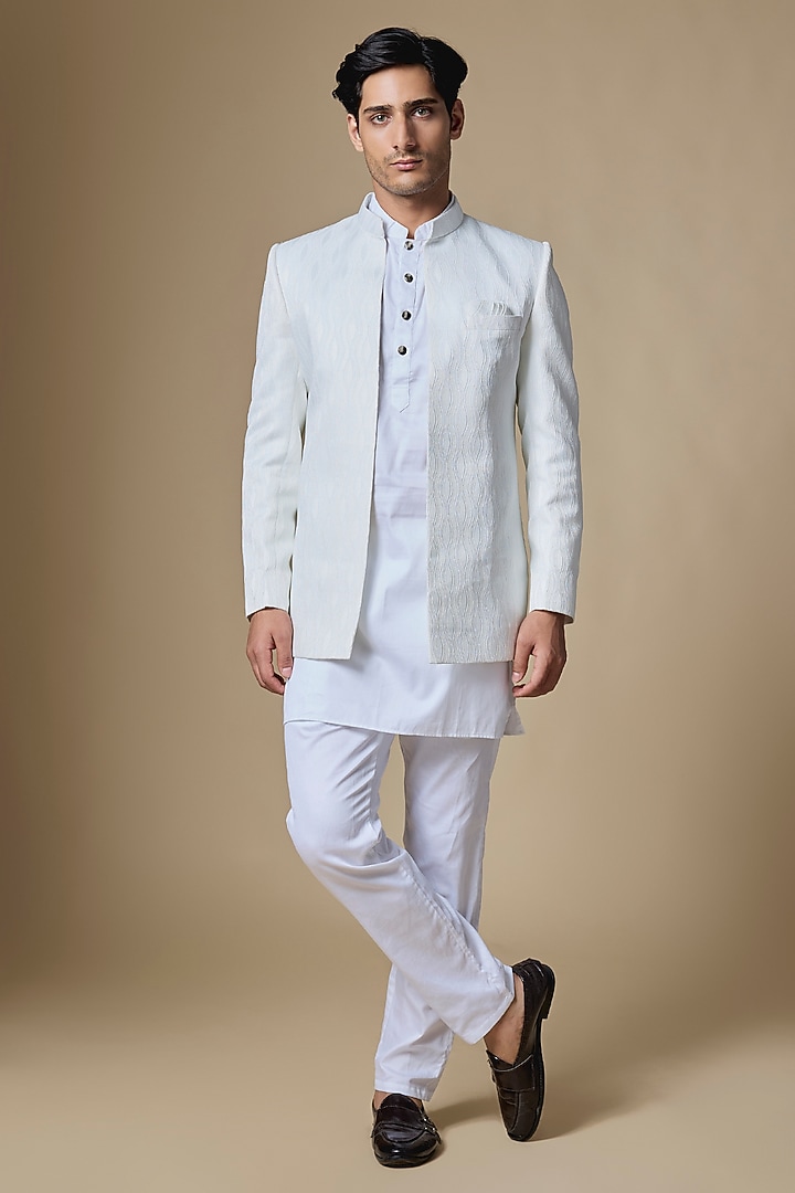 White Dupion Silk Embroidered Open Wedding Indowestern Set by Spring Break Men at Pernia's Pop Up Shop