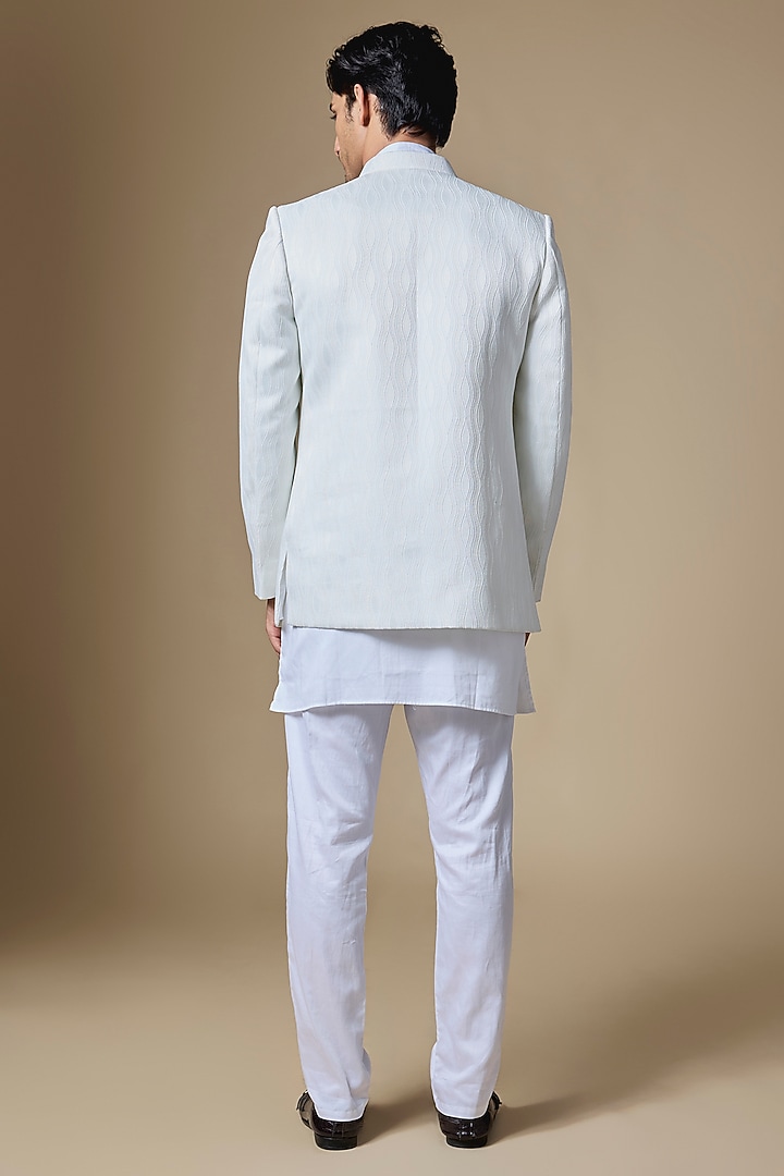 White Dupion Silk Embroidered Open Wedding Indowestern Set by Spring Break Men at Pernia's Pop Up Shop