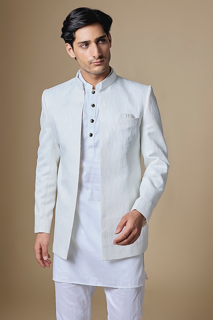 White Dupion Silk Embroidered Open Wedding Indowestern Set by Spring Break Men at Pernia's Pop Up Shop