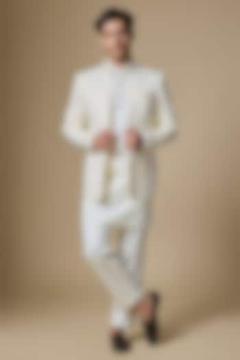 Ivory Dupion Silk Embroidered Open Wedding Indowestern Set by Spring Break Men at Pernia's Pop Up Shop