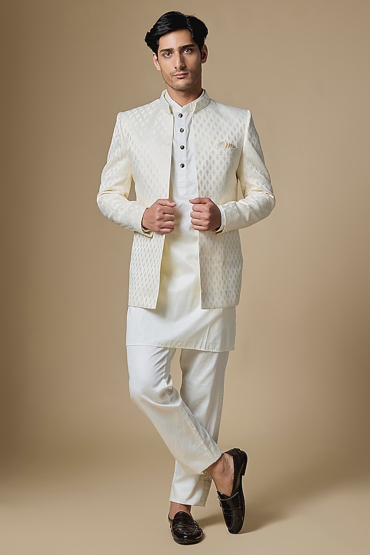 Ivory Dupion Silk Embroidered Open Wedding Indowestern Set by Spring Break Men at Pernia's Pop Up Shop