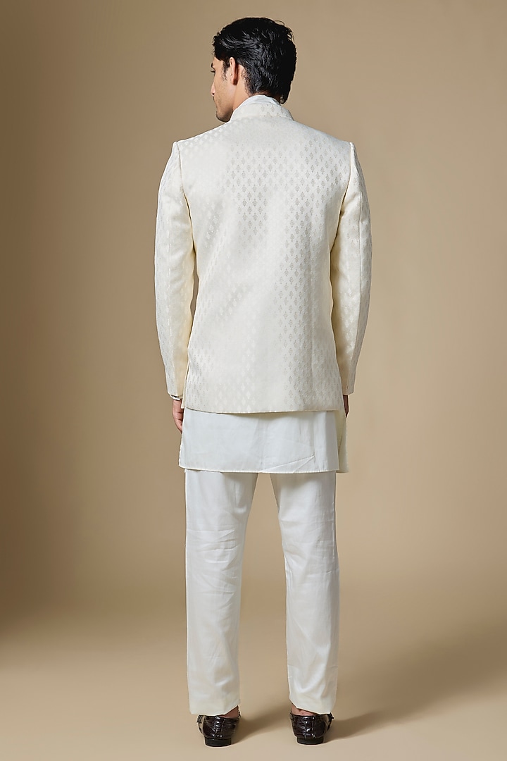 Ivory Dupion Silk Embroidered Open Wedding Indowestern Set by Spring Break Men at Pernia's Pop Up Shop