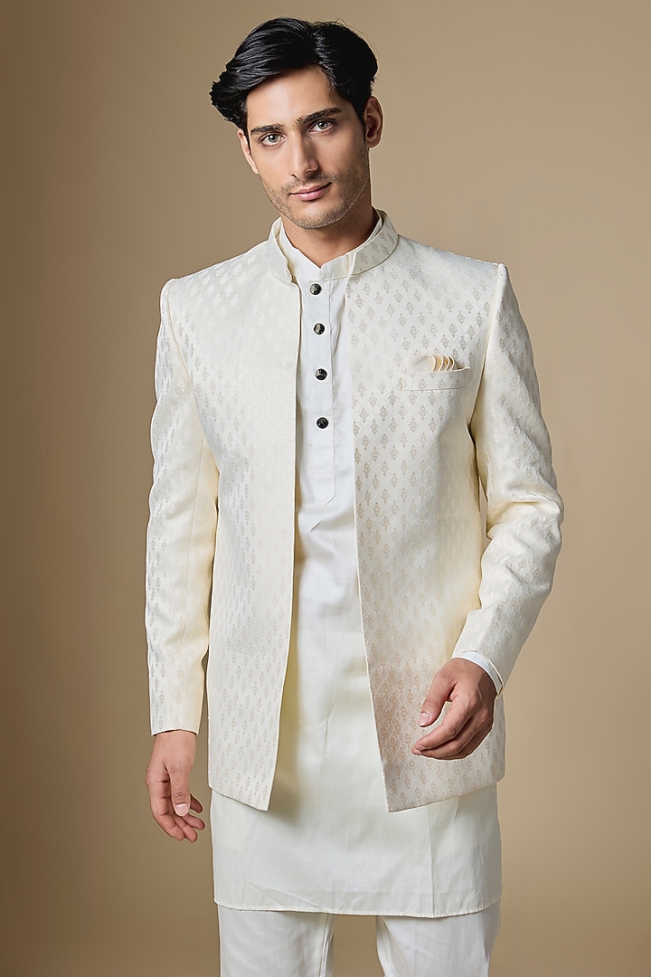 Ivory Dupion Silk Embroidered Open Wedding Indowestern Set by Spring Break Men at Pernia's Pop Up Shop
