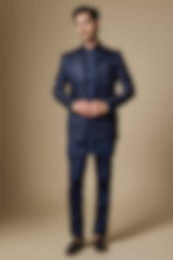 Navy Dupion Silk Embroidered Open Wedding Indowestern Set by Spring Break Men at Pernia's Pop Up Shop