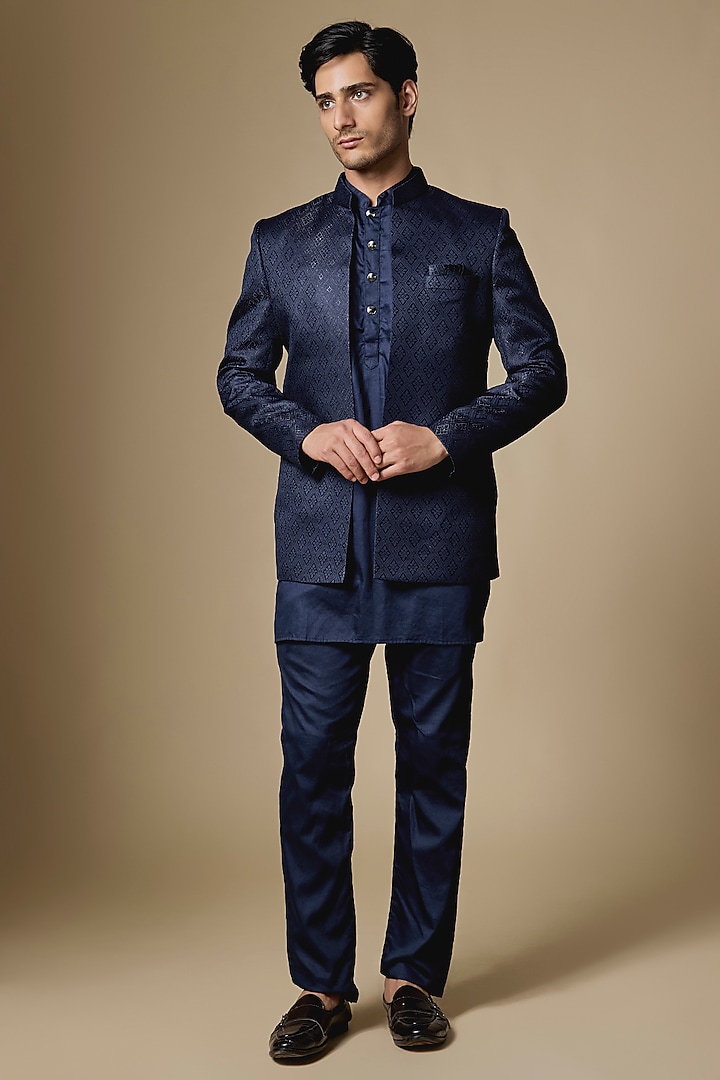 Navy Dupion Silk Embroidered Open Wedding Indowestern Set by Spring Break Men at Pernia's Pop Up Shop