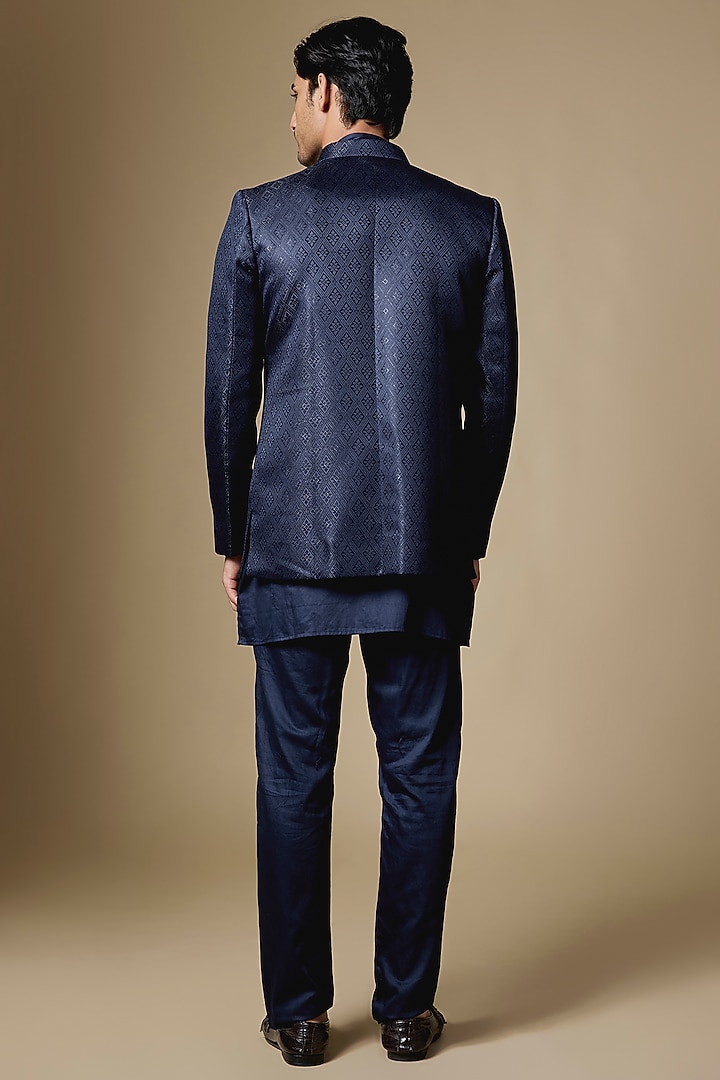 Navy Dupion Silk Embroidered Open Wedding Indowestern Set by Spring Break Men at Pernia's Pop Up Shop