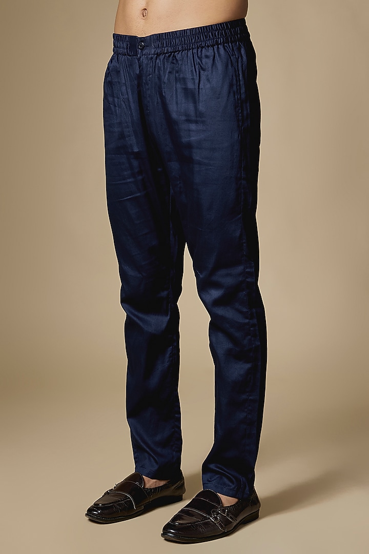 Navy Dupion Silk Embroidered Open Wedding Indowestern Set by Spring Break Men at Pernia's Pop Up Shop