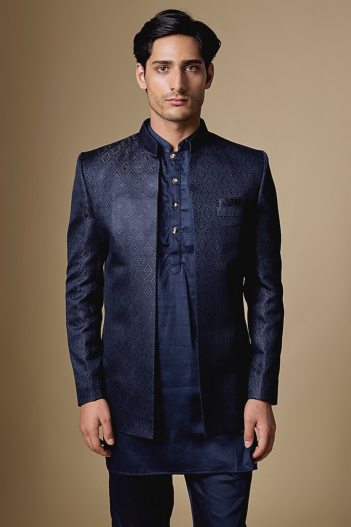 Navy Dupion Silk Embroidered Open Wedding Indowestern Set by Spring Break Men at Pernia's Pop Up Shop