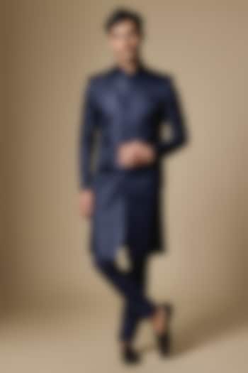 Navy Dupion Silk Embroidered Wedding Sherwani Set by Spring Break Men at Pernia's Pop Up Shop