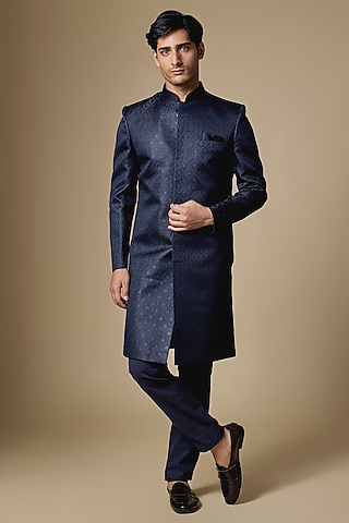 Navy Dupion Silk Embroidered Sherwani Set by Spring Break Men